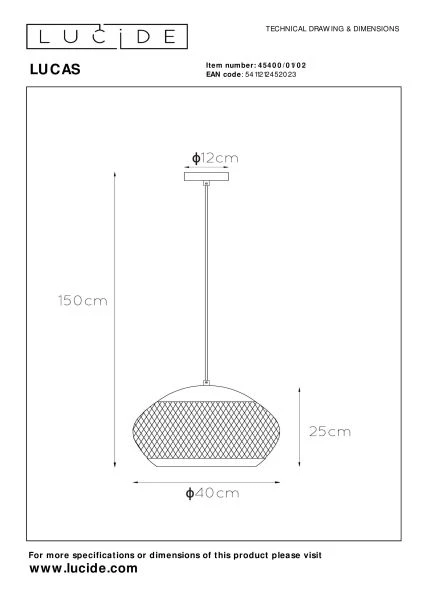 Lucide LUCAS - Pendelleuchten - Ø 40 cm - 1xE27 - Mattes Gold / Messing - TECHNISCH